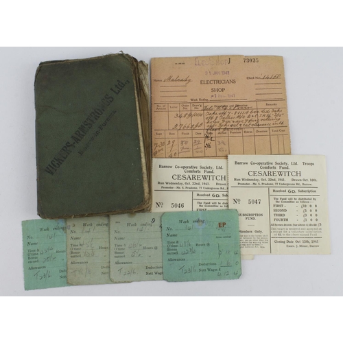 1884 - WW2 Vickers Armstrong factory note books, work cards, pay slips etc., dated 1941 interesting lot.