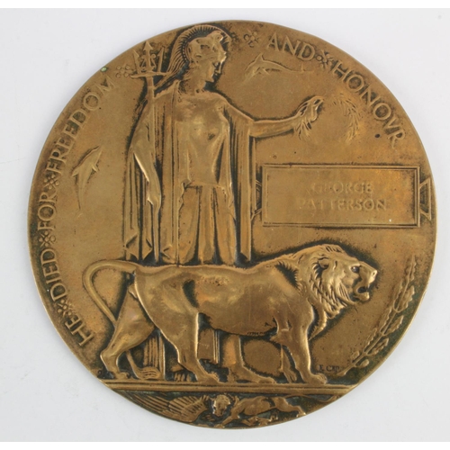 1887 - WWI Death Plaque to George Patterson.