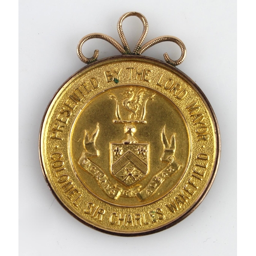 1889 - Zeppelin interest - 9ct hallmarked gold medal 'Presented By The Lord Mayor Colonel Sir Charles Wakef... 