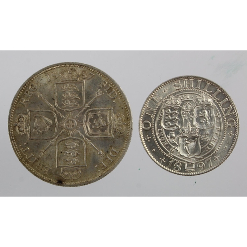 223 - Victorian silver (2): Shilling 1897 EF, and Florin 1887 Jubilee EF