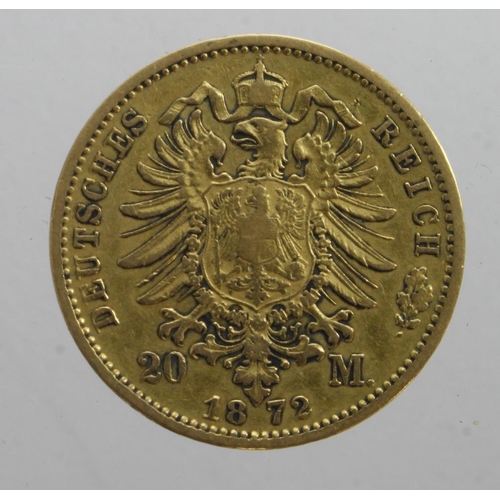 239 - German States, Prussia gold 20 Mark 1872A, VF (0.2305 troy oz AGW)