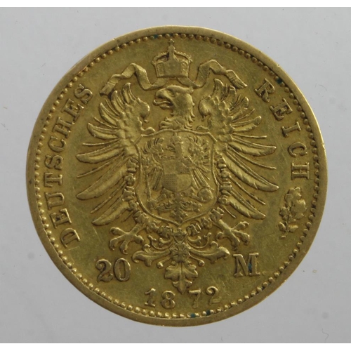240 - German States, Prussia gold 20 Mark 1872B, VF (0.2305 troy oz AGW)