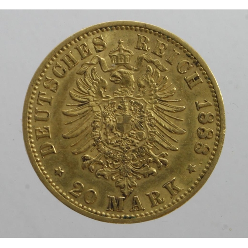 241 - German States, Prussia gold 20 Mark 1888A, GVF (0.2305 troy oz AGW)