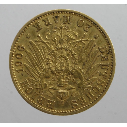 243 - German States, Prussia gold 20 Mark 1906A, VF/GVF (0.2305 troy oz AGW)