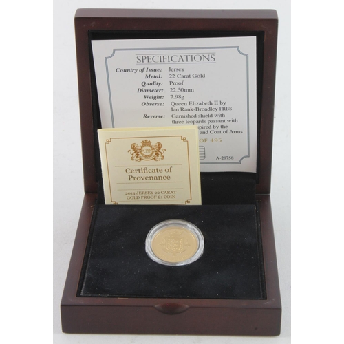 256 - Jersey 22ct gold proof £1 coin (7.98g) 2014, FDC cased with cert and sleeve.