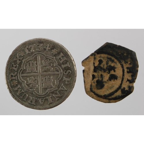 262 - Spain, Philip V Reale, Seville, PA, 1734 GVF. Spain, Philip III 2 Maravedis, 1598-1621, 3.61g. AF.