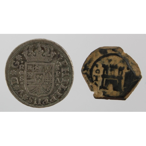 262 - Spain, Philip V Reale, Seville, PA, 1734 GVF. Spain, Philip III 2 Maravedis, 1598-1621, 3.61g. AF.