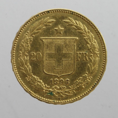 263 - Switzerland gold 20 Francs 1896B, GVF (0.1867 troy oz AGW)