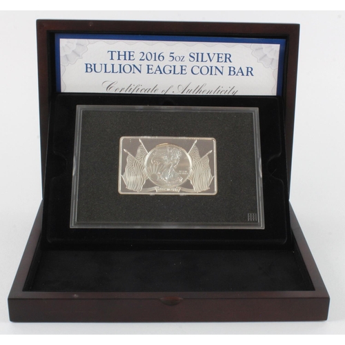 272 - USA: The 2016 5oz Silver Bullion Eagle Coin Bar (by Westminster) BU, cased with cert and sleeve.