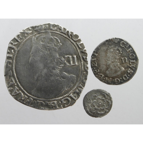 297 - Charles I silver (3): Shilling mm. triangle in circle, S.2799, 6.00g, Fine; Halfgroat mm. anchor, S.... 