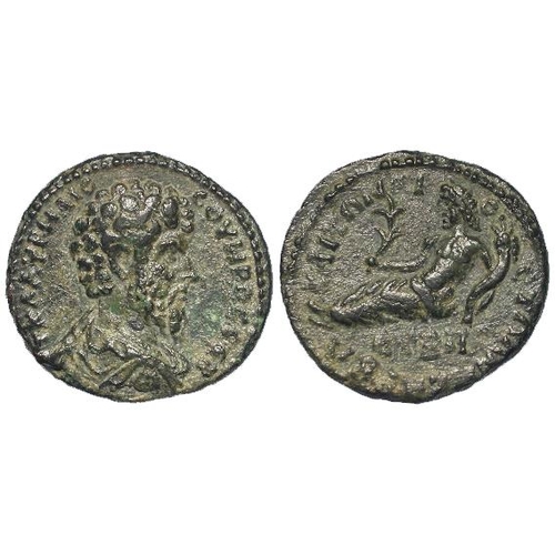 361 - Roman Provincial: Lucius Verus AE21, Cilicia: Anazarbos 163-4 AD. Rev: River god Pyramos reclining l... 