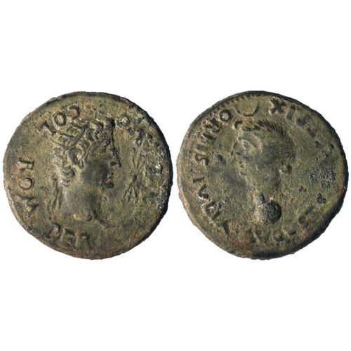 363 - Roman Provincial: Tiberius with Livia (third wife of Augustus) AE34 of Colonia Romula, Hispania, aft... 