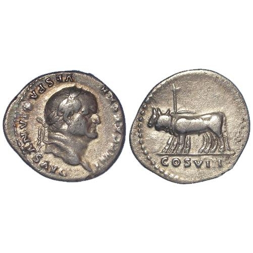 371 - Vespasian Denarius. IMP CAESAR VESPASIANVS AVG, laureate head right, rev. COS VIII, two yoked oxen, ... 