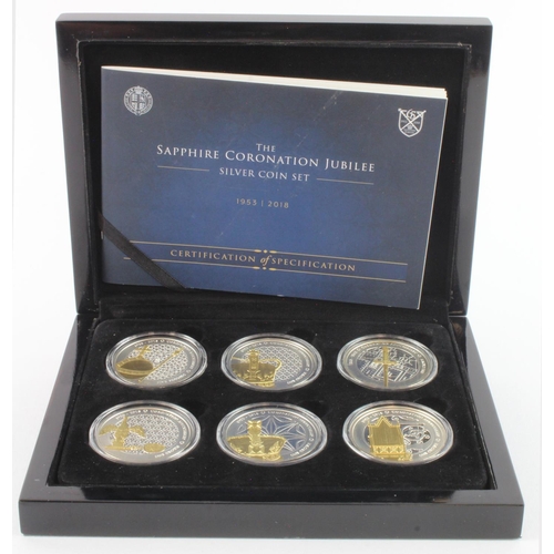 372 - Alderney & Tristan da Cunha silver proof Crowns (6): The Sapphire Coronation Jubilee Silver Coin Set... 