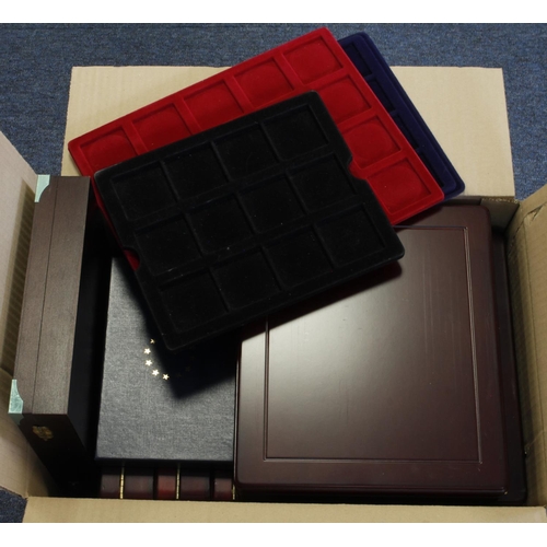 637 - Coin Cases & Trays, a large box full of material, mostly Westminster 'wooden' style cases. BUYER COL... 