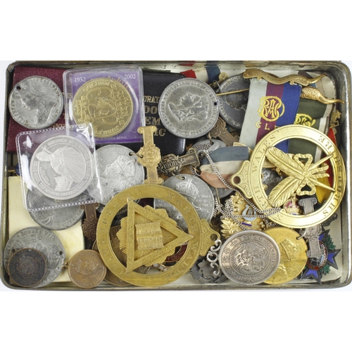 655 - Medallions, badges, jewels etc. (53) 19th-20thC assortment in a tin.