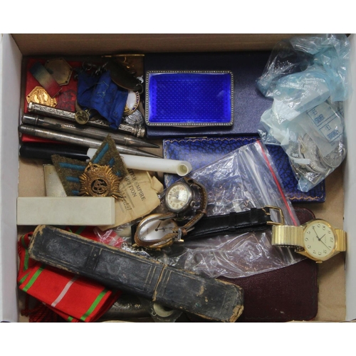 656 - Medallions, badges, Masonic jewels and misc. items including silver cigarette cases, propelling penc... 