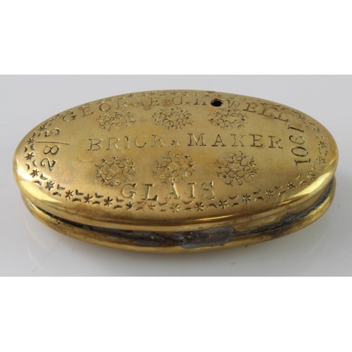 664 - Small brass tobacco case, lid engraved 'George O. Howell, Brick Maker, Glais 28/3 1901'. Glais, nr S... 