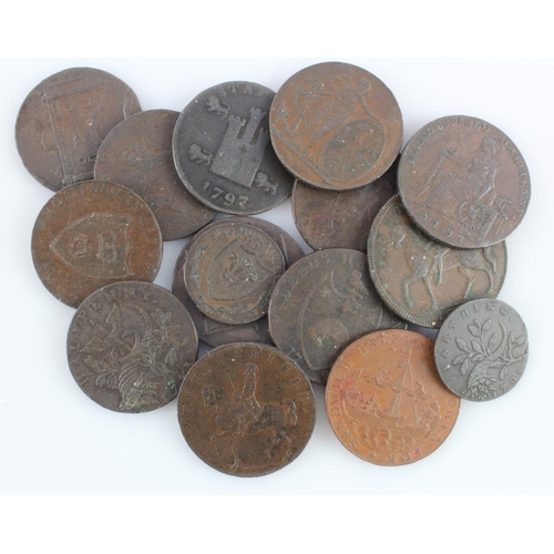 672 - Tokens, 18thC (15) copper, mostly Halfpennies (two Farthings), assortment Fair to VF+