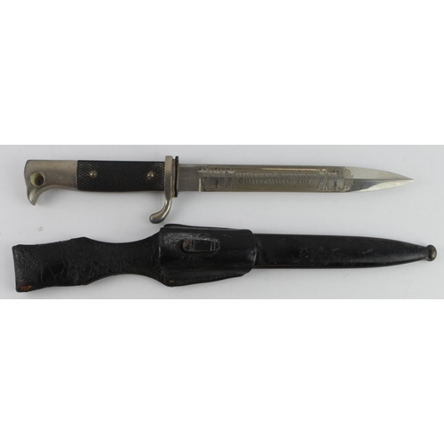 736 - German WW2 Army bayonet with scabbard and leather frog. Blade maker marked 'F W Holler Solingen'. Wi... 