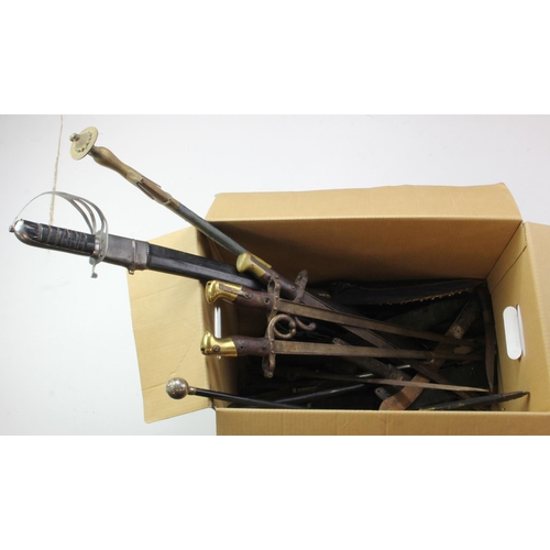 754 - Large box of vary mixed old weapons incl swords, bayonets, etc  (Buyer must collect)