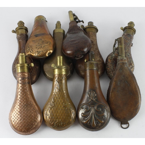 770 - Powder flask, various types, including Sykes, James Dixon & Sons, Coach Harness.   (10)