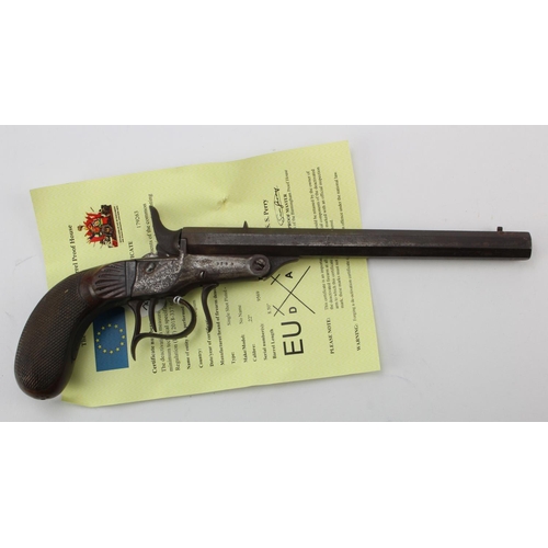 780 - Single shot .22 Calibre Victorian Salonn Pistol, Belgian proofs, good walnut grip, barrel 8.5