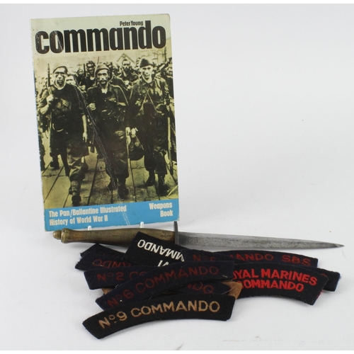 814 - Post War Fairbairn Sykes commando knife MKIII commando insignia and book on the commandos