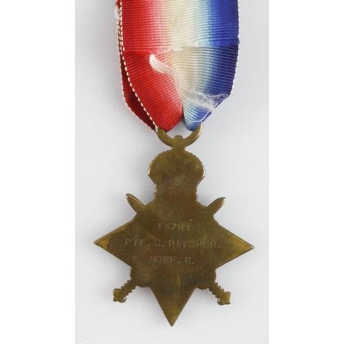 829 - 1915 Star named (13781 Pte C Pitcher Norfolks). Served 8th Bn.  (1)