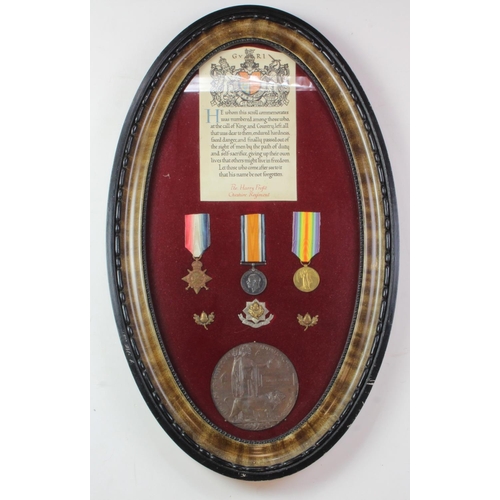 842 - 1915 Star trio with Memorial Plaque, badges and Scroll housed in large old glazed frame for 9473 Pte... 