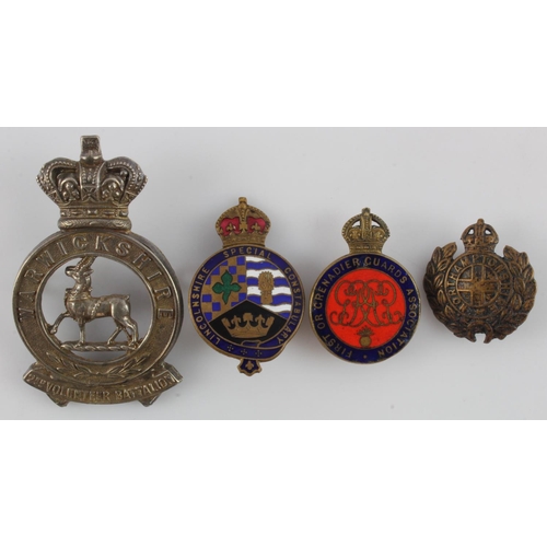 872 - Badges - Warwickshire 2nd Volunteer Battalion QV crown in white metal. Lincolnshire Special Constabu... 