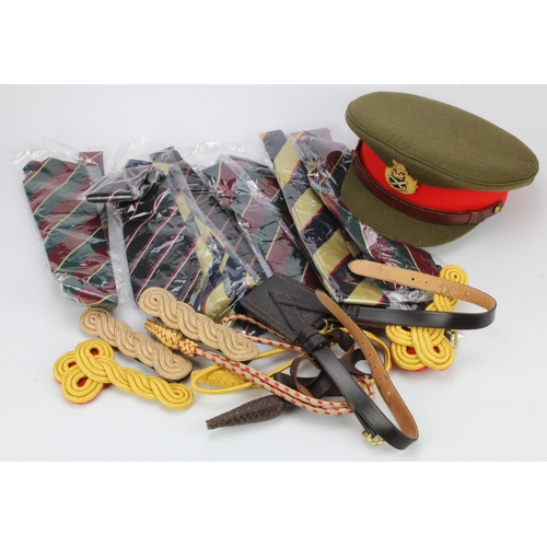 904 - British Army Generals Khaki service dress peaked cap, assorted regimental silk ties, sword frog and ... 