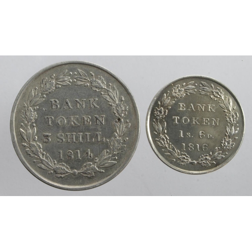 91 - Bank Tokens (2) George III silver: Three Shillings 1814 VF, and 18d 1816. lightly cleaned GVF