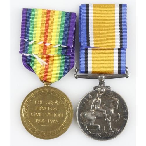 921 - BWM & Victory casualty pair of medals to 1829 Pte H J  Johnson 5th Bn Essex Reg K in A 17-8-1915 com... 