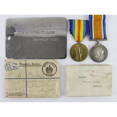 935 - BWM & Victory Medal (320909 Cpl A Thake Suffolks). Served 15th and 11th Bn's. Medals sent to Haverhi... 