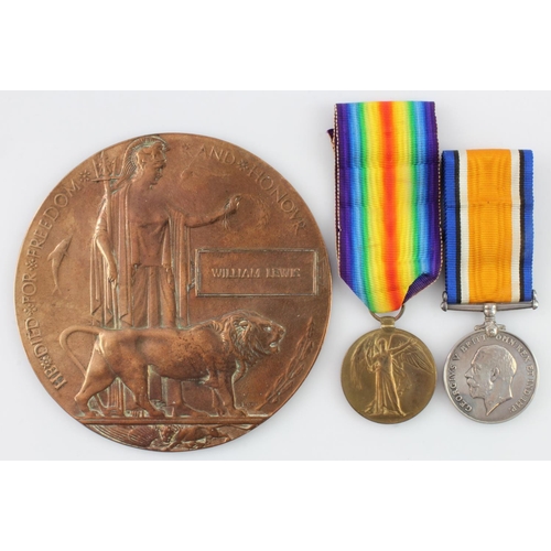 945 - BWM & Victory Medal + Death Plaque (W.Z.2570 William Lewis SIG RNVR). Killed 27th April 1916 HMS Kil... 