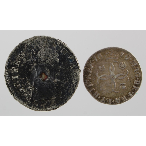 95 - Charles II (2) Fourpence 1679 VF, and Tin Farthing 1684 F, 