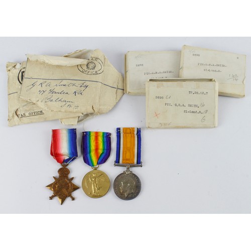 833 - 1915 Star Trio (2698 Pte G R A Smith 21-Lond R) Commissioned 2/8th Essex Regt as Lieut 17/11/1917.  ... 