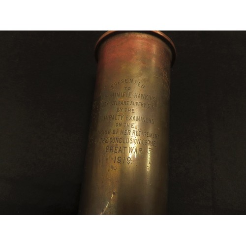 846 - 1918 dated brass shell case with its original alloy end cap with enrgraved dedication presented to -... 