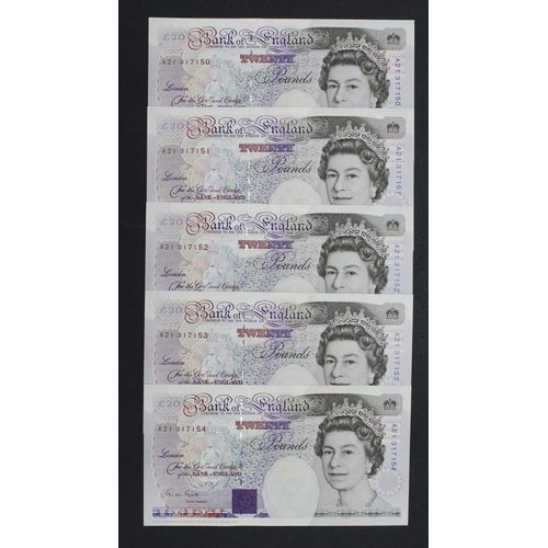 105 - Gill 20 Pounds (B358) issued 1991 (5), a consecutively numbered run of FIRST SERIES notes, serial A2... 