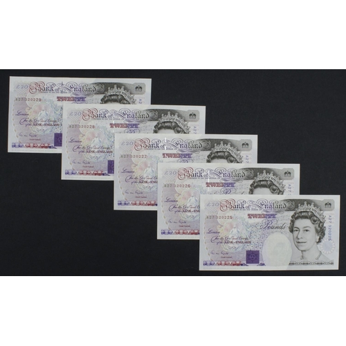 106 - Gill 20 Pounds (B358) issued 1991 (5), a consecutively numbered run of FIRST SERIES notes, serial A2... 