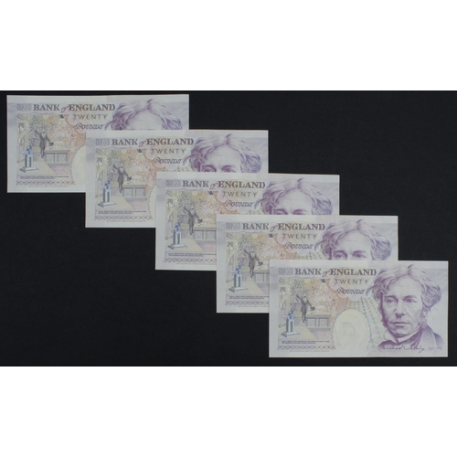 106 - Gill 20 Pounds (B358) issued 1991 (5), a consecutively numbered run of FIRST SERIES notes, serial A2... 