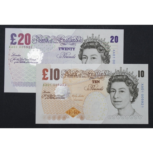 138 - Lowther (2), 20 Pounds issued 1999 and 10 Pounds issued 2000, a pair of FIRST RUN 'AA01' notes with ... 