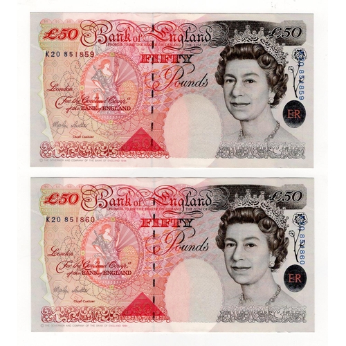 140 - Lowther 50 Pounds (B385) issued 1999 (2), a consecutively numbered pair serial K20 851859 & K20 8518... 