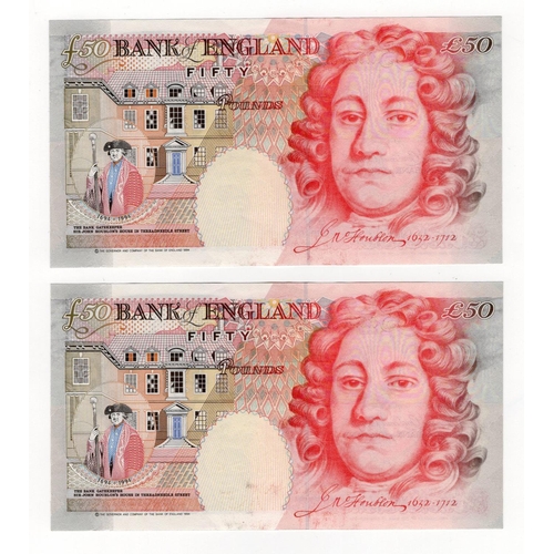 140 - Lowther 50 Pounds (B385) issued 1999 (2), a consecutively numbered pair serial K20 851859 & K20 8518... 