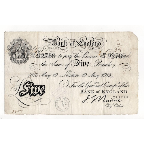 144 - Nairne 5 Pounds (B208b) dated 19th May 1913, serial 49/A 92789, London issue (B208b, Pick304) ink an... 