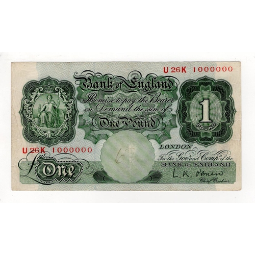 148 - O'Brien 1 Pound (B273) issued 1955, a very rare '1 MILLION' serial number, serial U26K 1000000 (B273... 