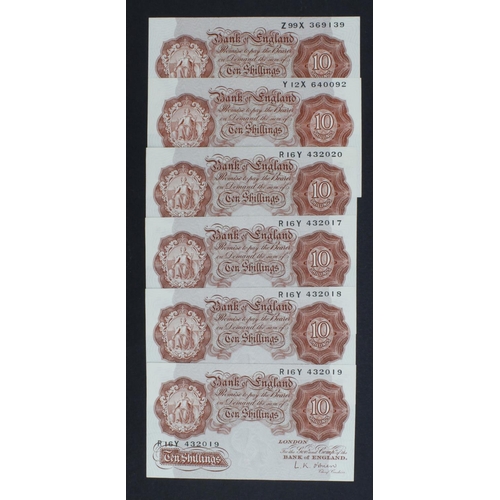 150 - O'Brien 10 Shillings (6) issued 1955, a consecutively numbered run of 4, serial R16Y 432017 - R16Y 4... 