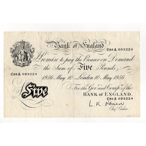 156 - O'Brien 5 Pounds (B276) dated 10th May 1956, final year of issue of white notes, serial C84A 093224 ... 