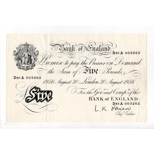 157 - O'Brien 5 Pounds (B276) dated 30th August 1956, final year of issue of white notes, serial D81A 0032... 